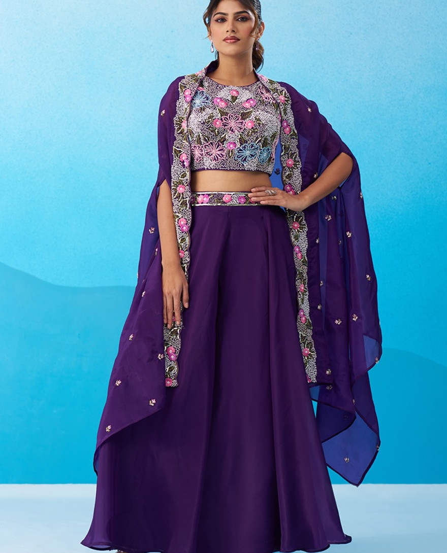 PURPLE - Royal Purple Crepe Beads Embroidered Crop Top with Flared Cape & Flared Palazzo Set