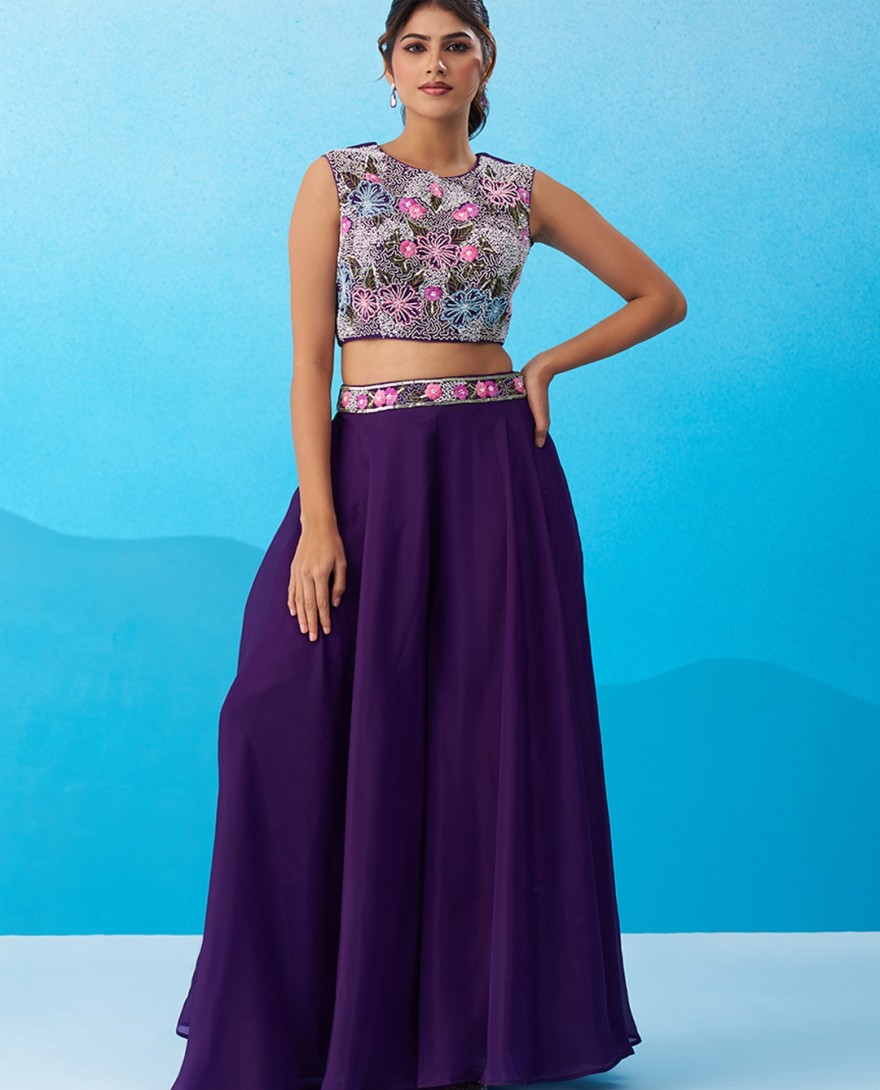 PURPLE - Royal Purple Crepe Beads Embroidered Crop Top with Flared Cape & Flared Palazzo Set
