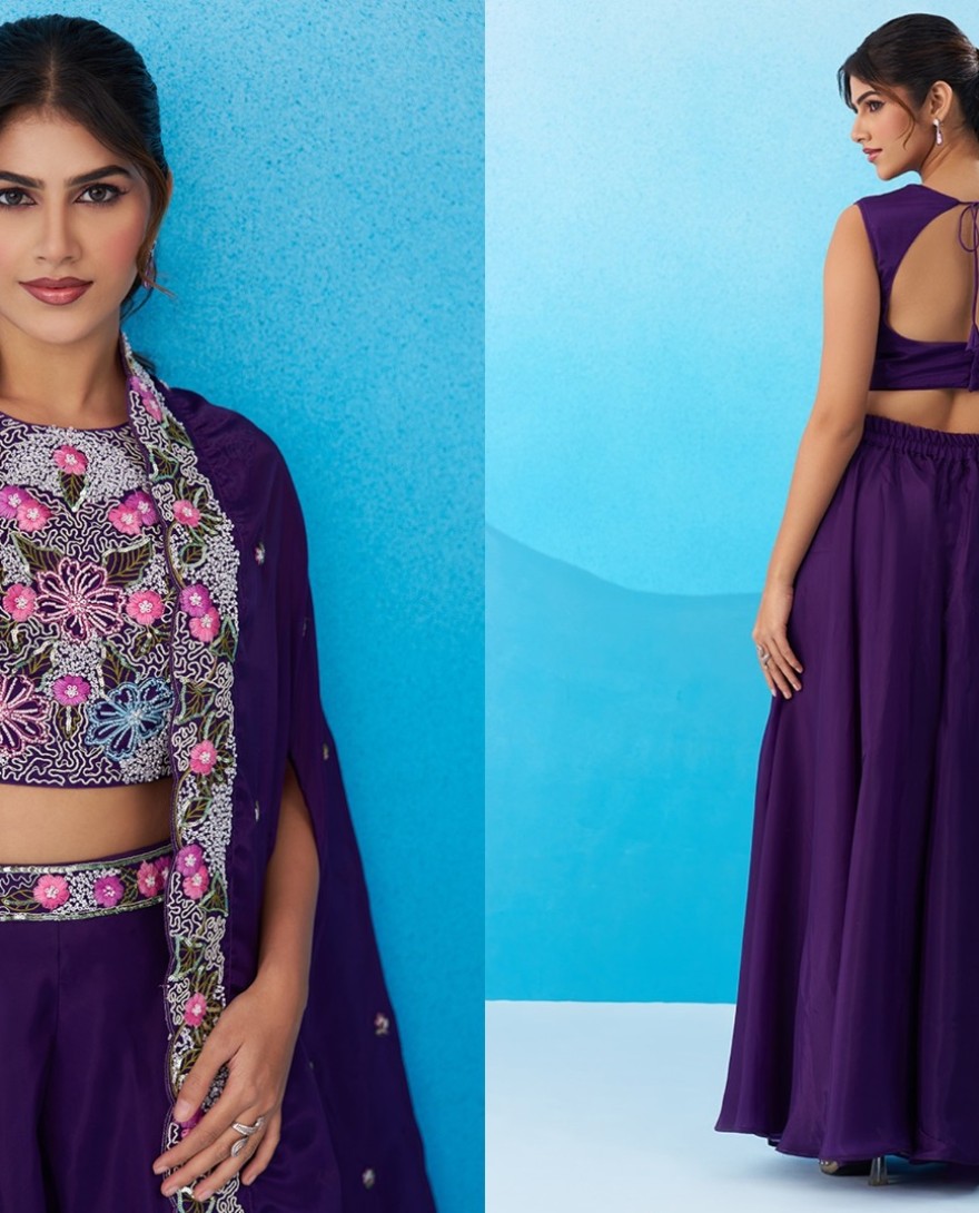 PURPLE - Royal Purple Crepe Beads Embroidered Crop Top with Flared Cape & Flared Palazzo Set