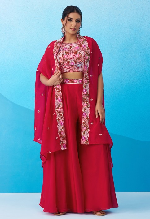 Rani Crepe Beads Embroidered Crop Top with Flared Cape & Flared Palazzo Set