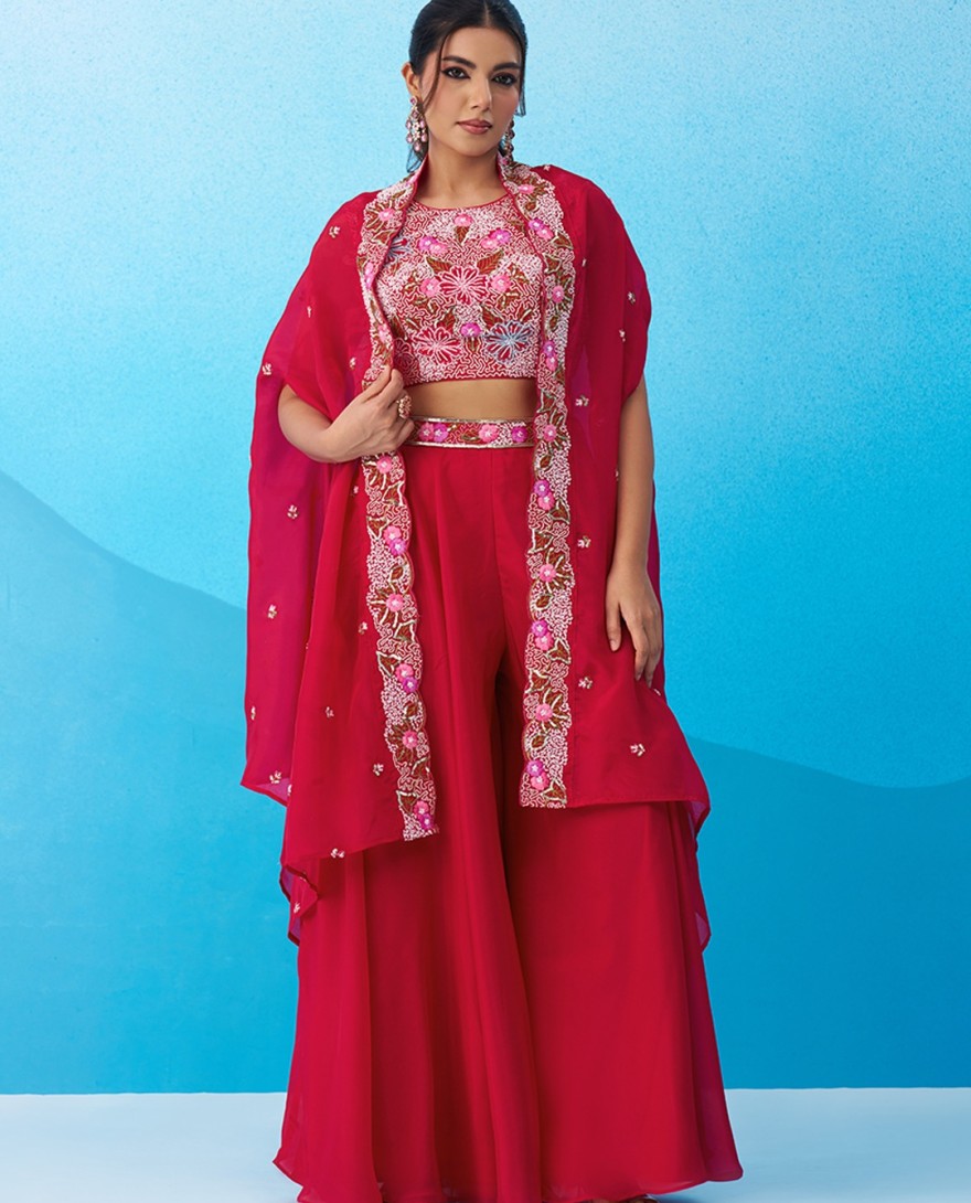 RANI - Rani Crepe Beads Embroidered Crop Top with Flared Cape & Flared Palazzo Set