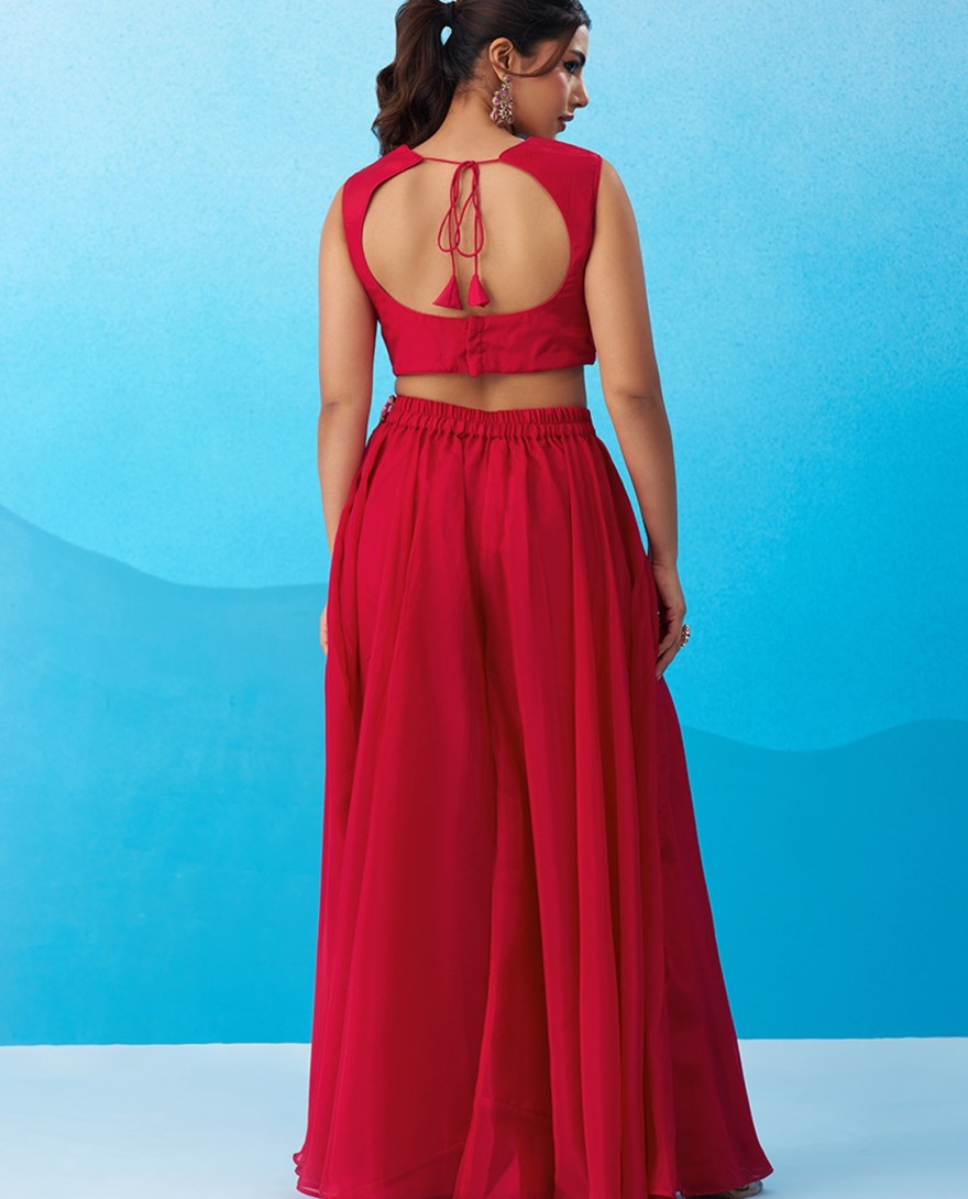 RANI - Rani Crepe Beads Embroidered Crop Top with Flared Cape & Flared Palazzo Set