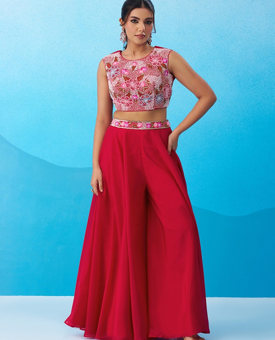 RANI - Rani Crepe Beads Embroidered Crop Top with Flared Cape & Flared Palazzo Set