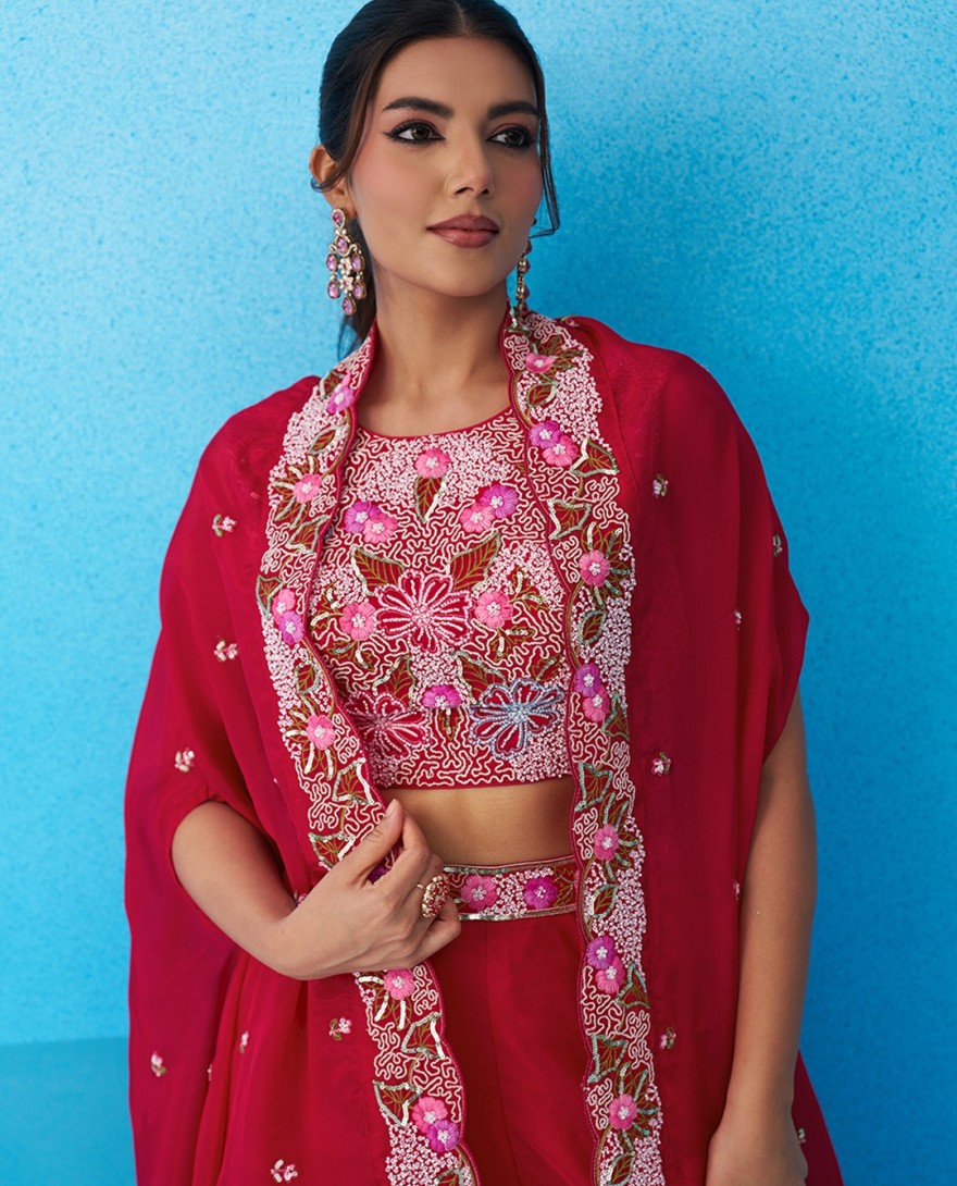 RANI - Rani Crepe Beads Embroidered Crop Top with Flared Cape & Flared Palazzo Set