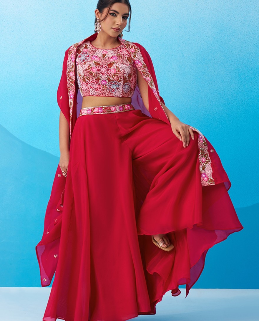 RANI - Rani Crepe Beads Embroidered Crop Top with Flared Cape & Flared Palazzo Set