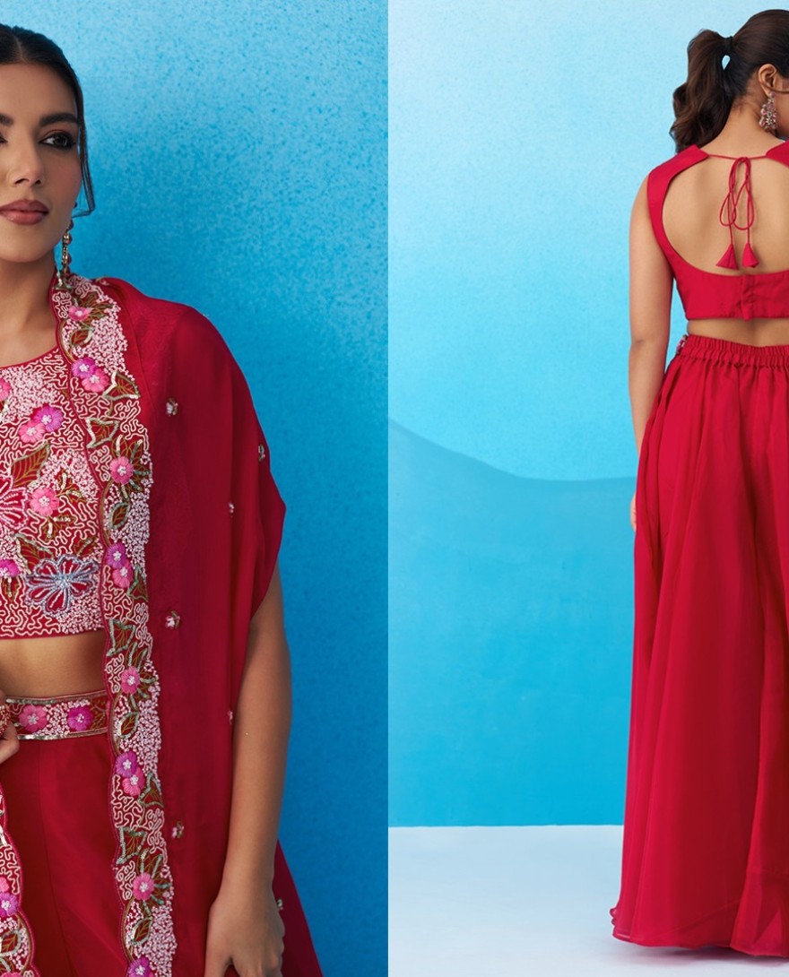 RANI - Rani Crepe Beads Embroidered Crop Top with Flared Cape & Flared Palazzo Set