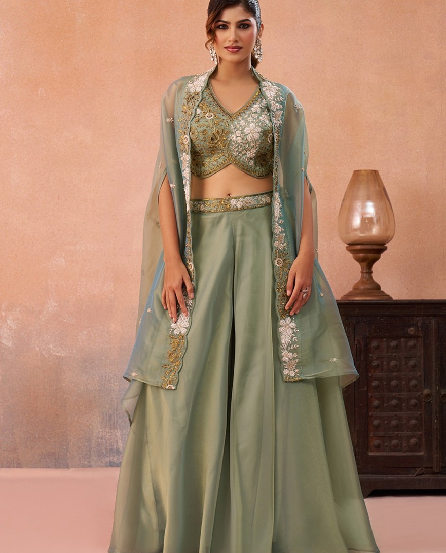 GREEN - Sea Green Tissue Beads Embroidered Crop Top with Flared Cape & Flared Palazzo Set