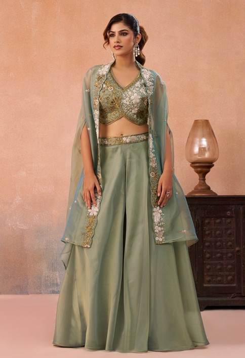 Sea Green Tissue Beads Embroidered Crop Top with Flared Cape & Flared Palazzo Set