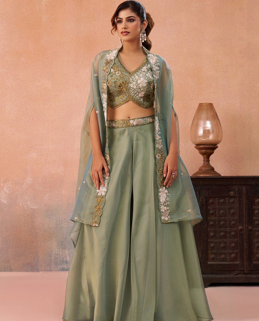 GREEN - Sea Green Tissue Beads Embroidered Crop Top with Flared Cape & Flared Palazzo Set