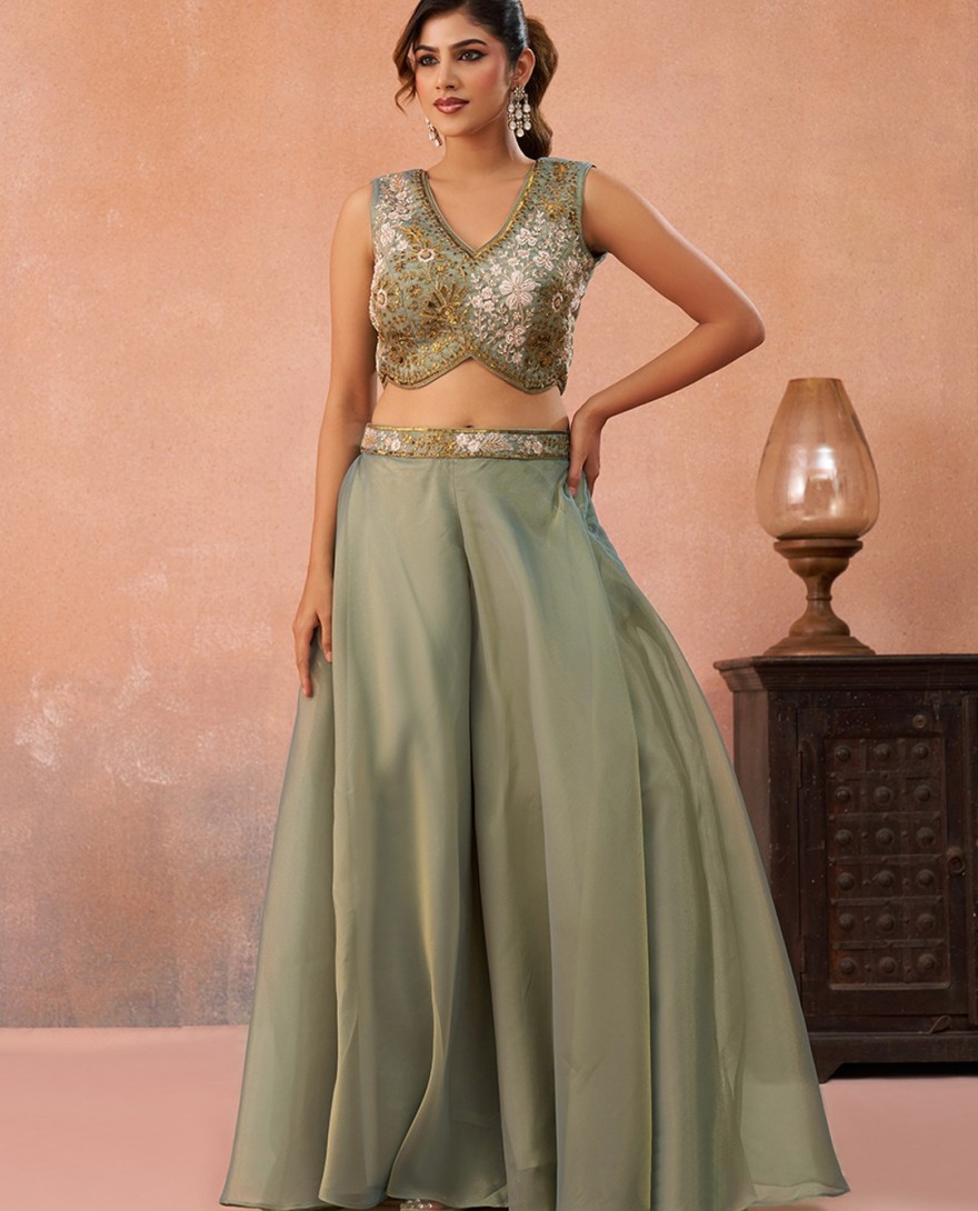 GREEN - Sea Green Tissue Beads Embroidered Crop Top with Flared Cape & Flared Palazzo Set