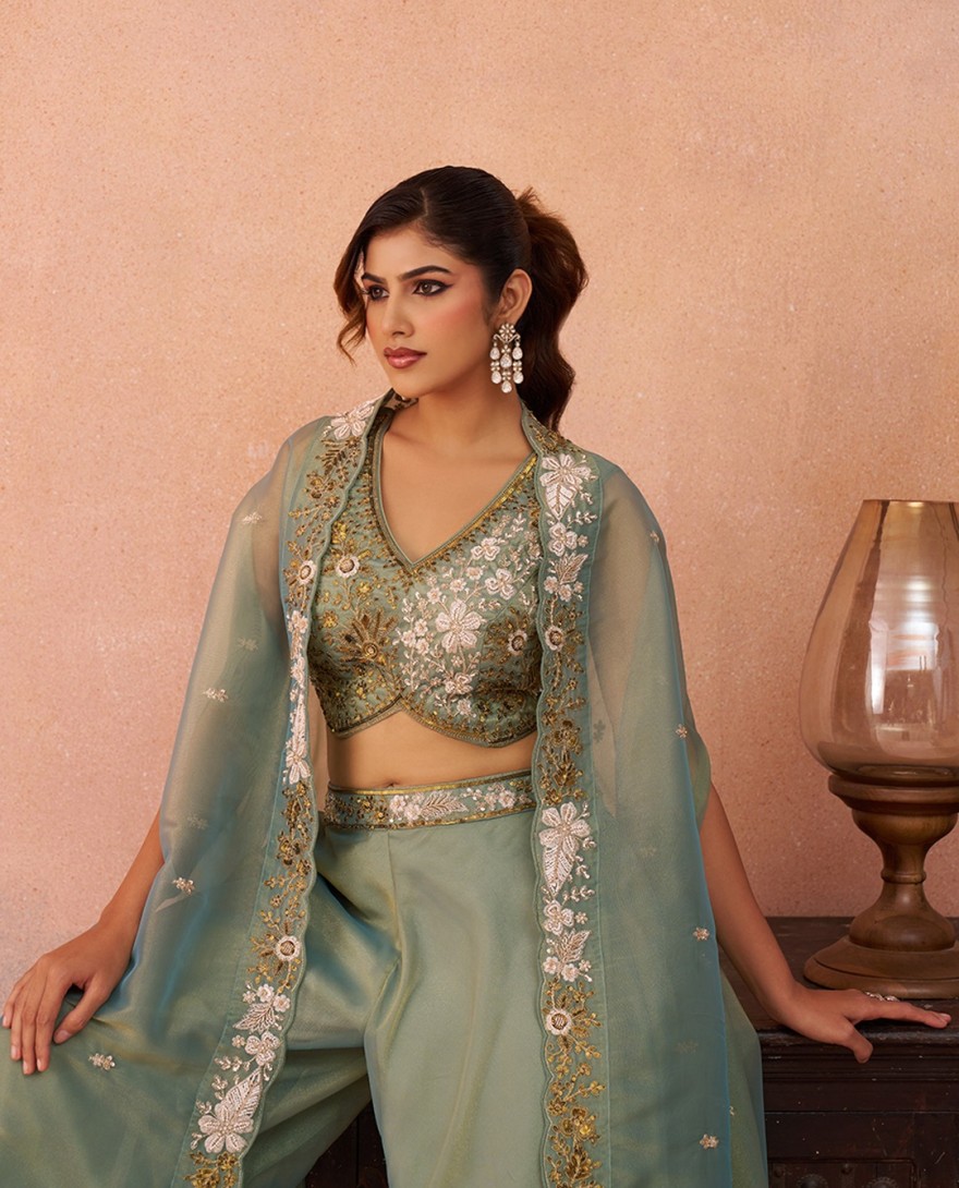 GREEN - Sea Green Tissue Beads Embroidered Crop Top with Flared Cape & Flared Palazzo Set