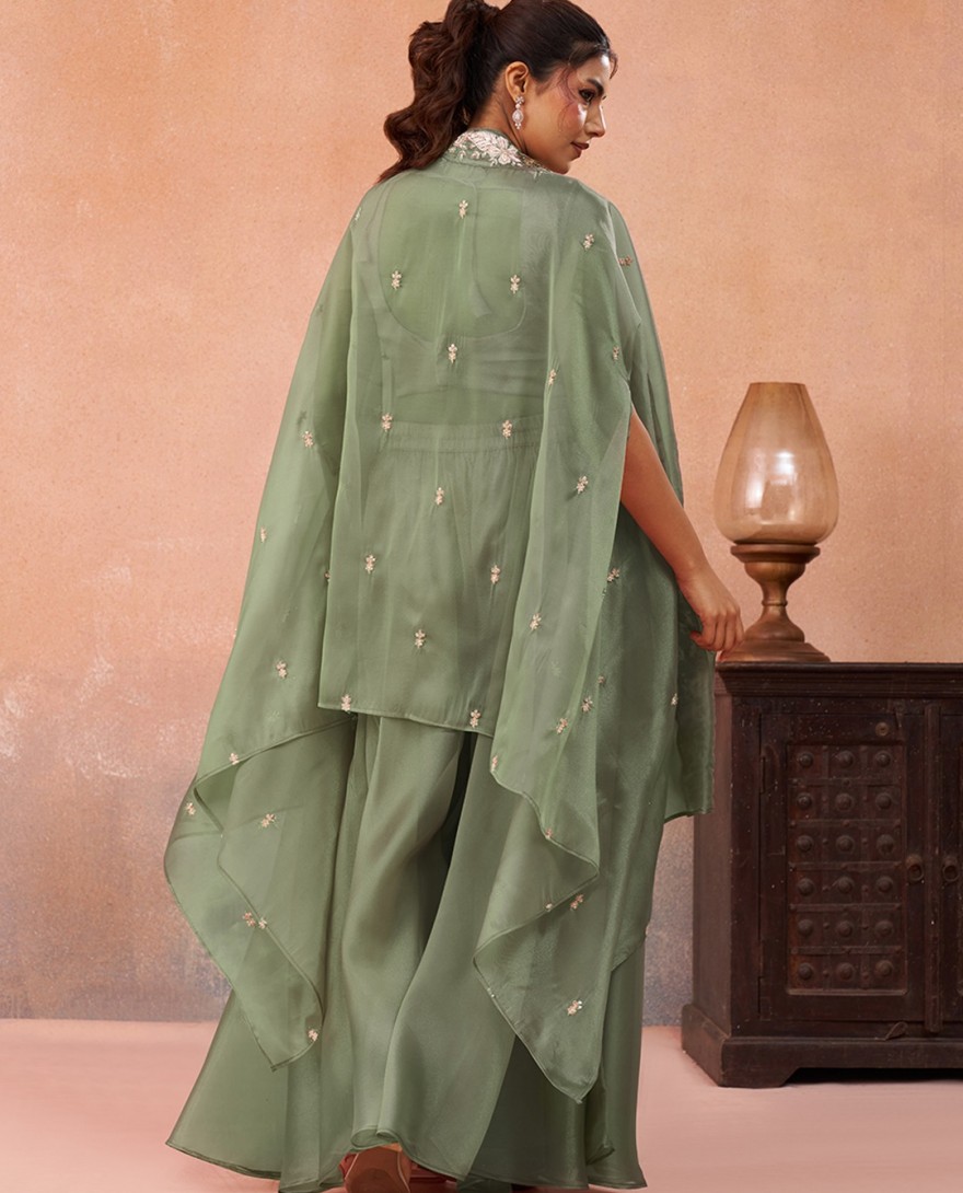 GREEN - Sea Green Tissue Beads Embroidered Crop Top with Flared Cape & Flared Palazzo Set