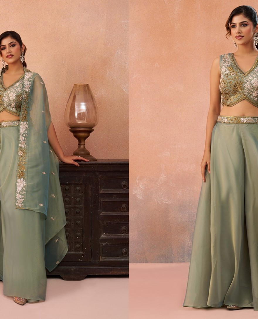 GREEN - Sea Green Tissue Beads Embroidered Crop Top with Flared Cape & Flared Palazzo Set