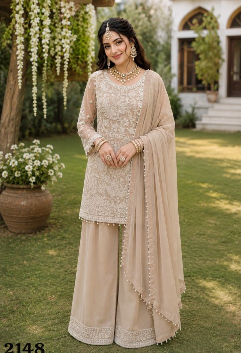 Beige Georgette Beads and Embroidered Work Salwar Suit