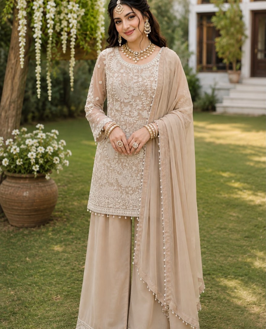 CREAM - Beige Georgette Beads and Embroidered Work Salwar Suit