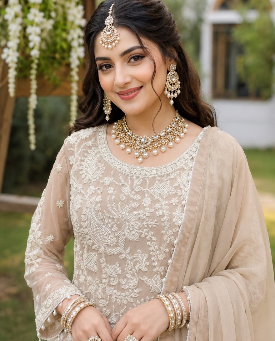 CREAM - Beige Georgette Beads and Embroidered Work Salwar Suit