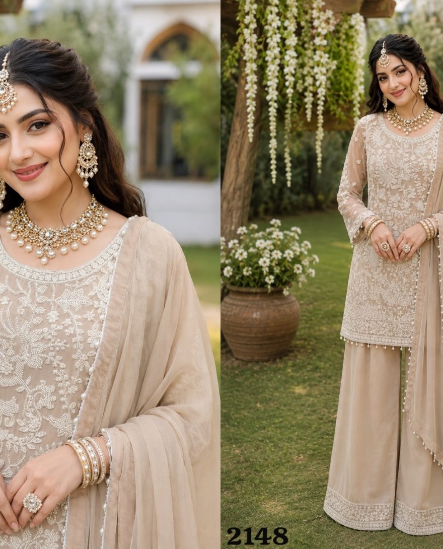 CREAM - Beige Georgette Beads and Embroidered Work Salwar Suit