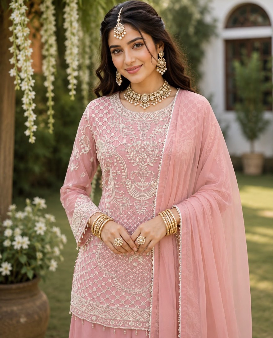 PINK - Pink Beads and Embroidered Work Georgette Palazzo Salwar Suit