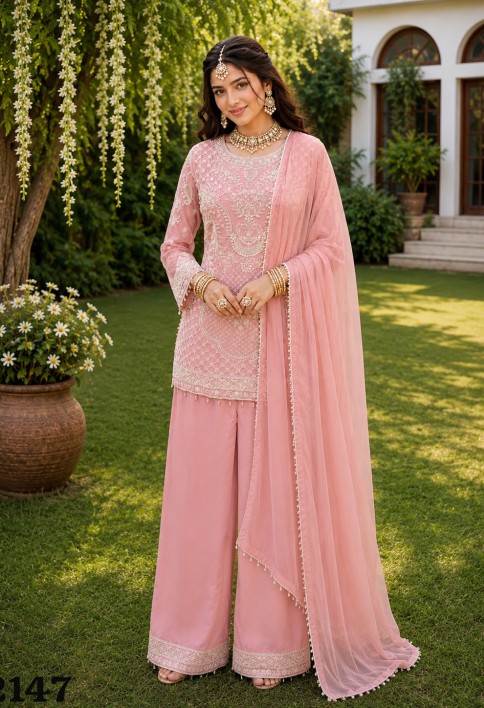 Pink Beads and Embroidered Work Georgette Palazzo Salwar Suit