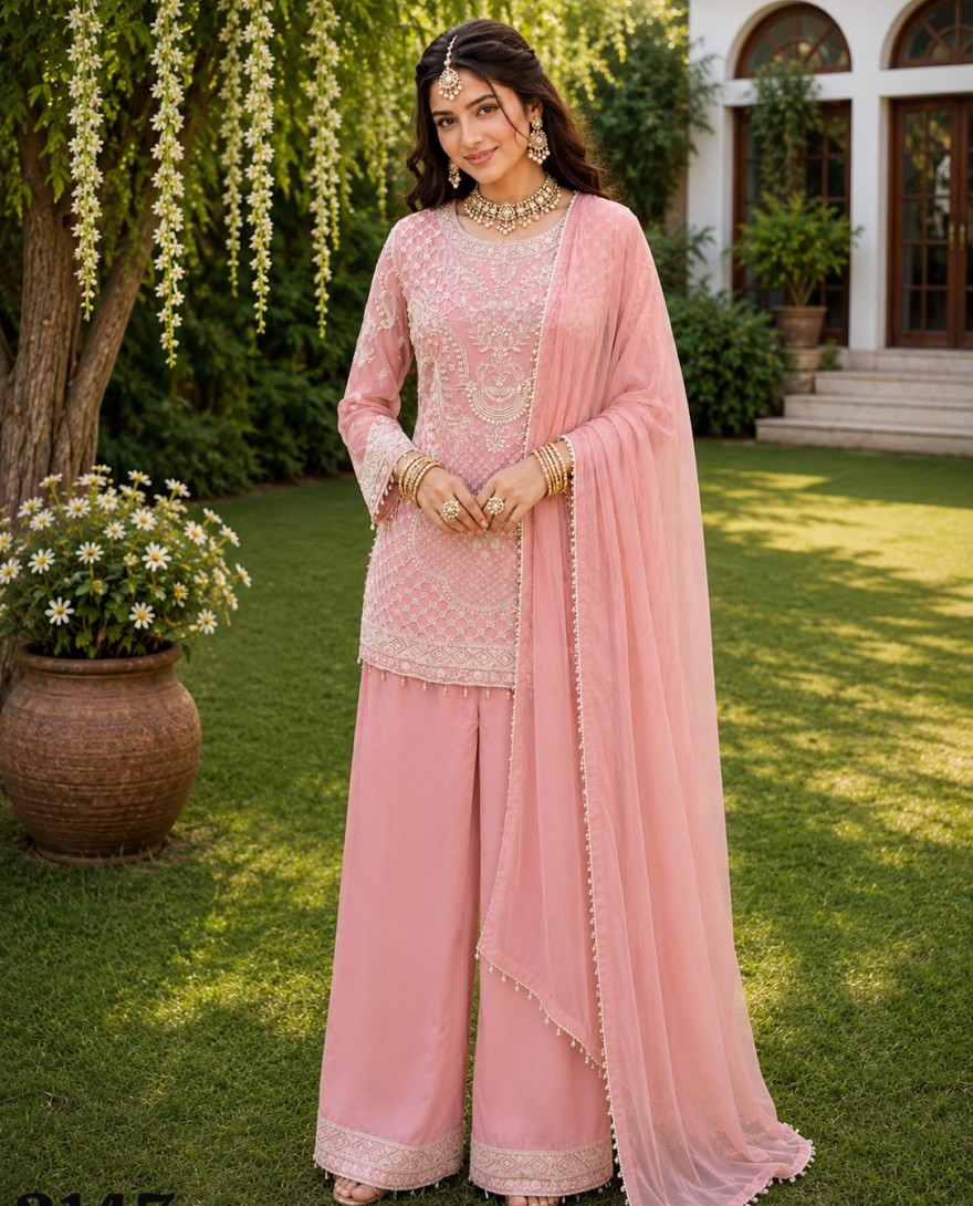 PINK - Pink Beads and Embroidered Work Georgette Palazzo Salwar Suit