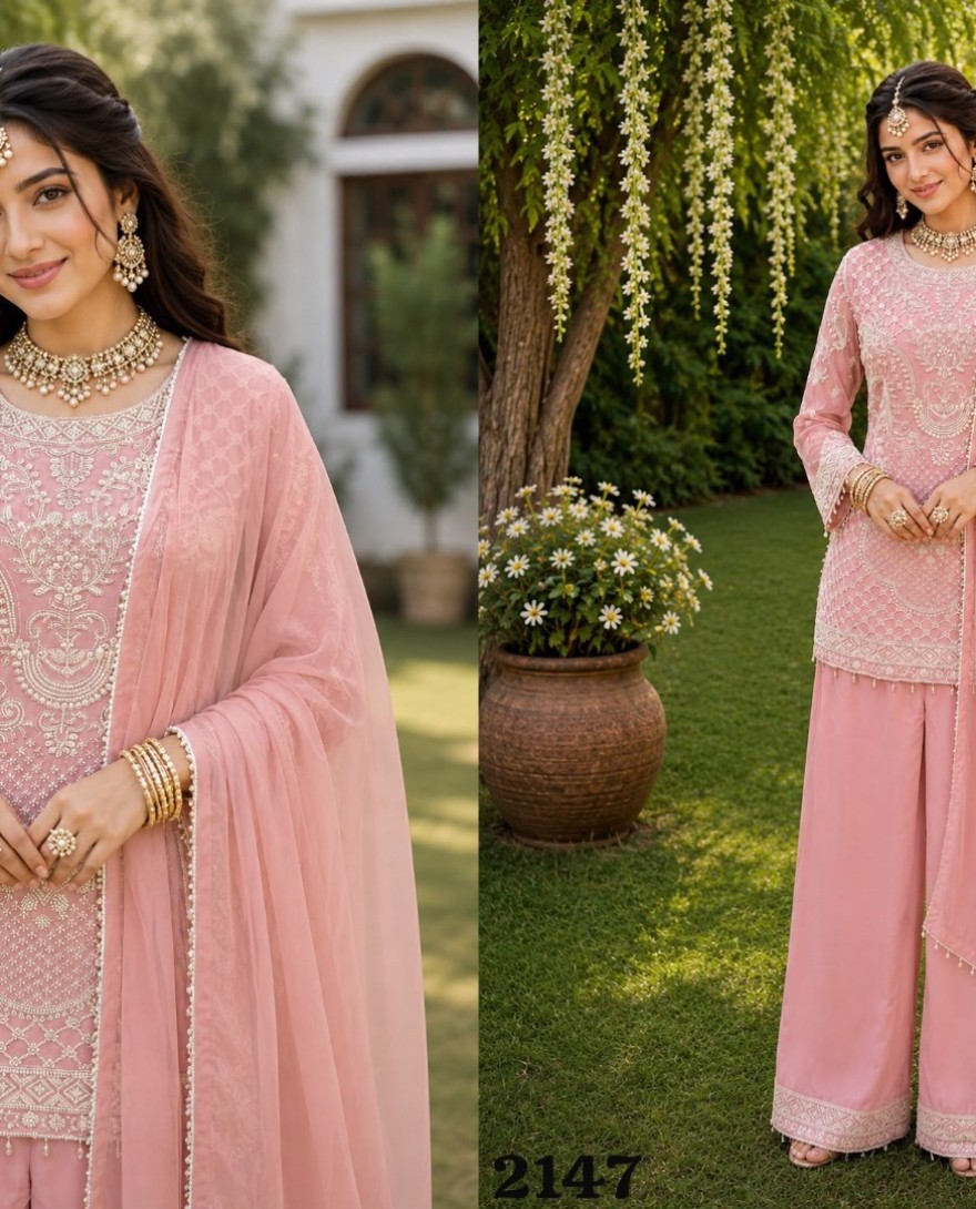 PINK - Pink Beads and Embroidered Work Georgette Palazzo Salwar Suit