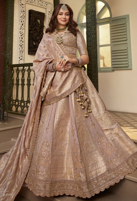 Beige Zari Embroidered Banarasi Silk Lehenga