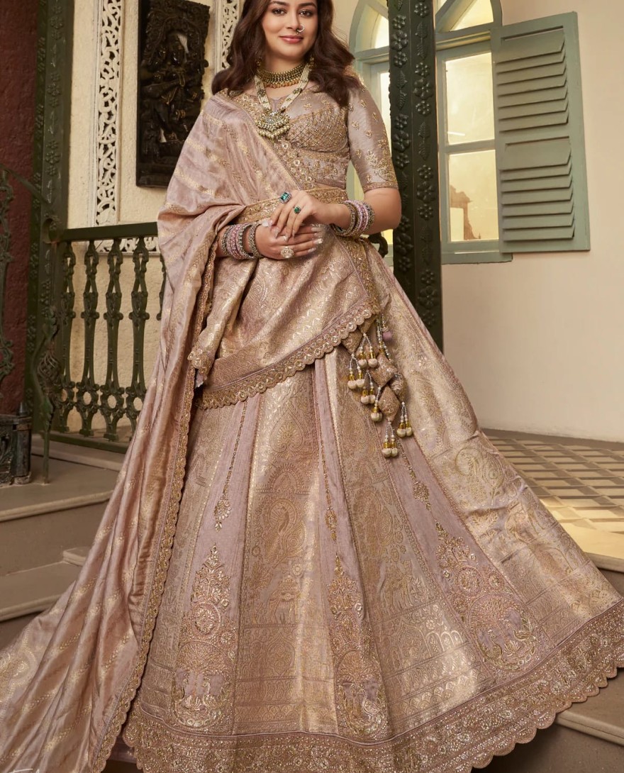 BEIGE - Beige Zari Embroidered Banarasi Silk Lehenga