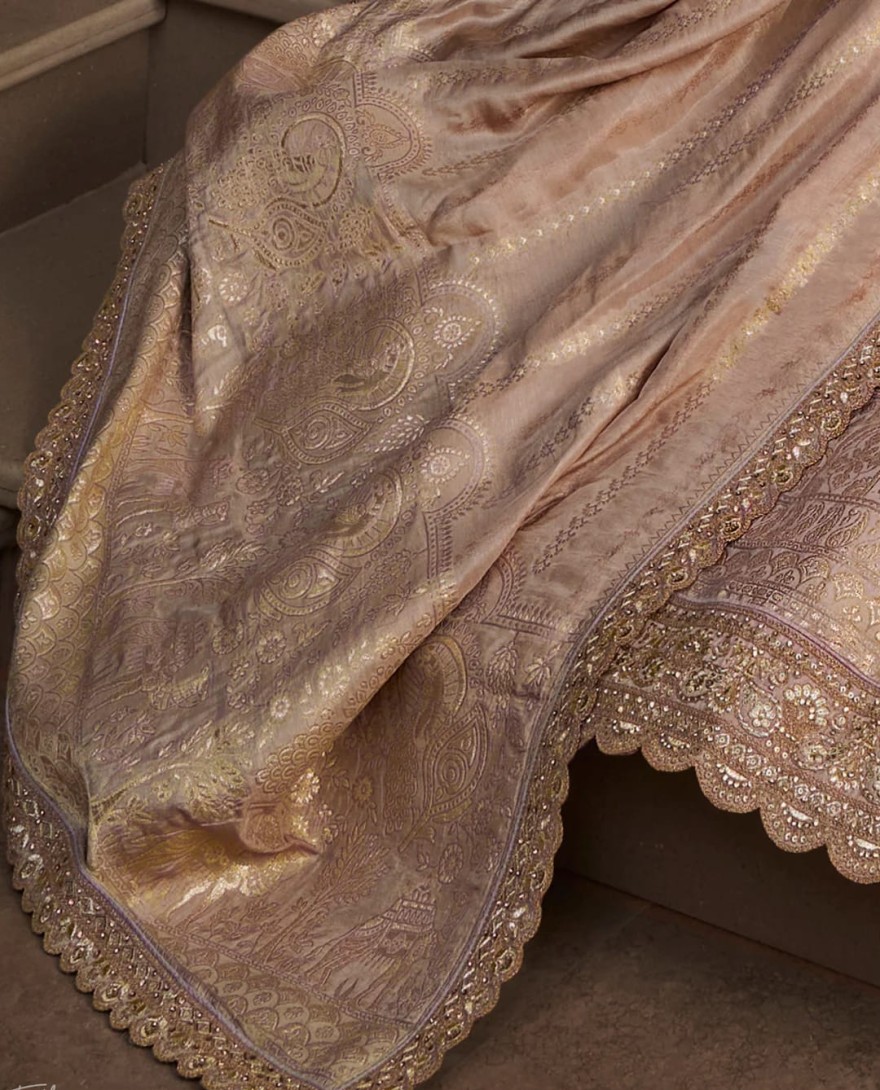 BEIGE - Beige Zari Embroidered Banarasi Silk Lehenga