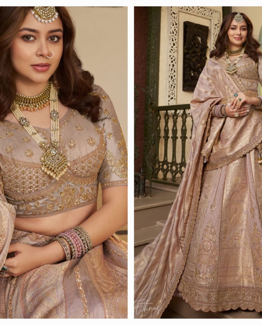 BEIGE - Beige Zari Embroidered Banarasi Silk Lehenga