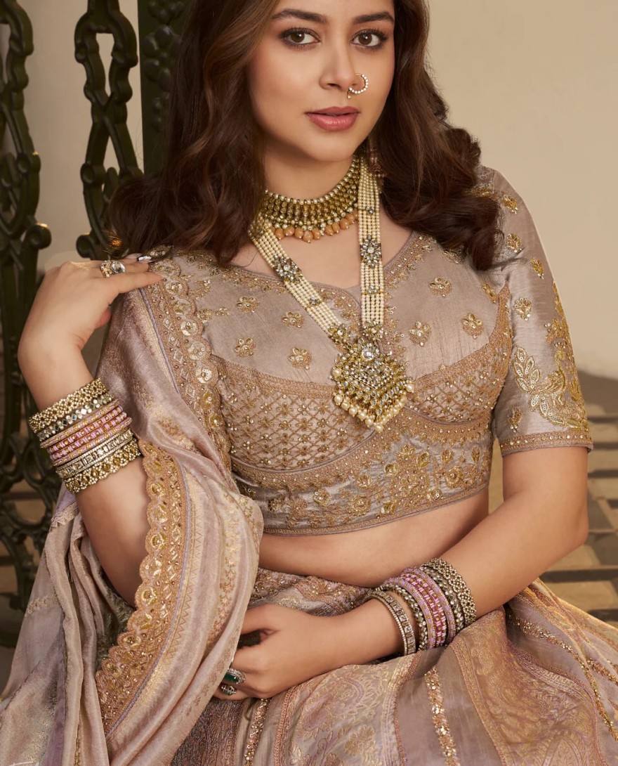 BEIGE - Beige Zari Embroidered Banarasi Silk Lehenga