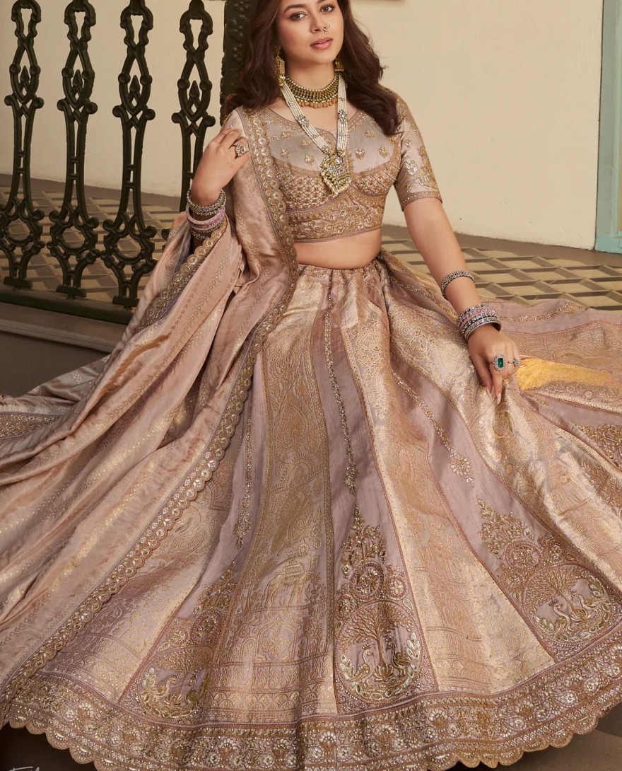 BEIGE - Beige Zari Embroidered Banarasi Silk Lehenga