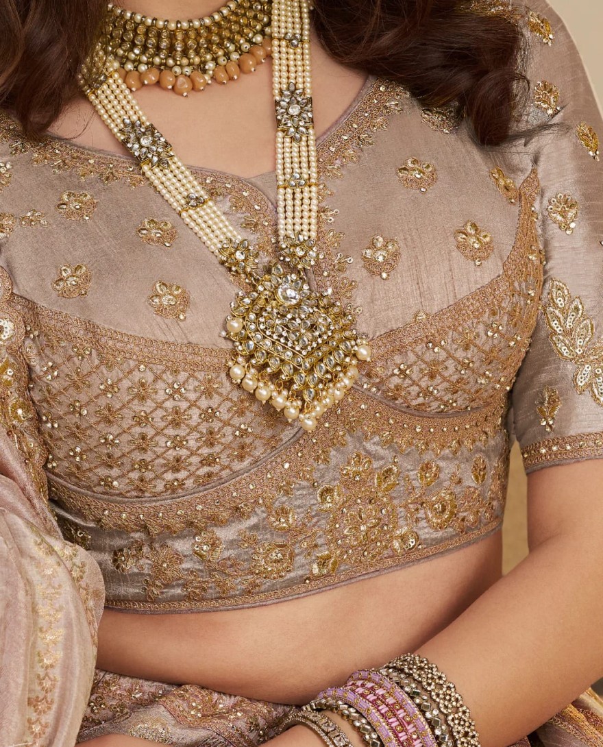 BEIGE - Beige Zari Embroidered Banarasi Silk Lehenga