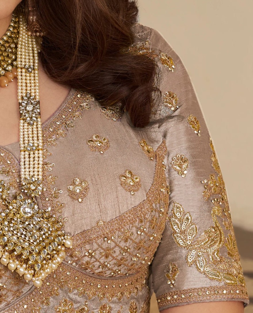 BEIGE - Beige Zari Embroidered Banarasi Silk Lehenga