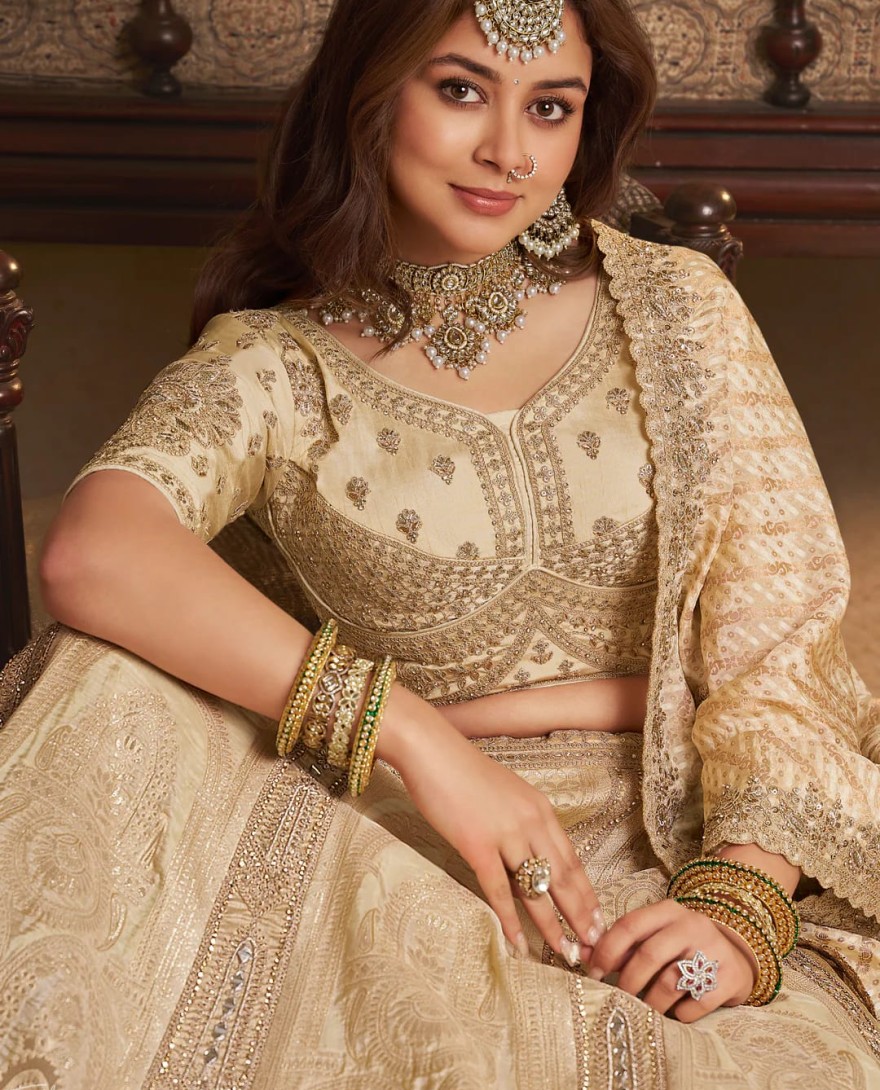 IVORY - Ivory Zari Embroidered Banarasi Silk Lehenga