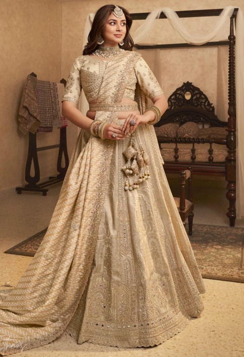 Ivory Zari Embroidered Banarasi Silk Lehenga