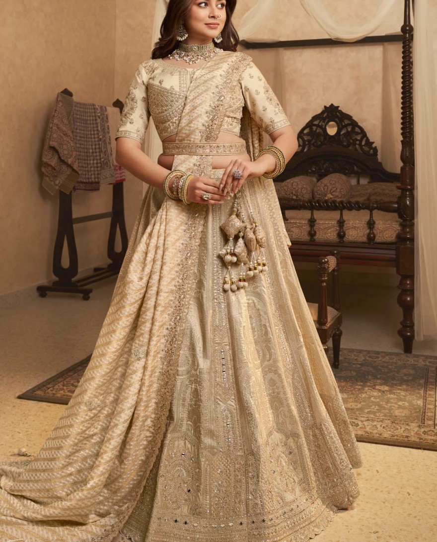 IVORY - Ivory Zari Embroidered Banarasi Silk Lehenga