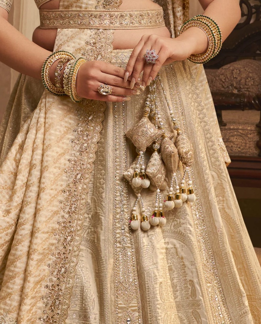 IVORY - Ivory Zari Embroidered Banarasi Silk Lehenga