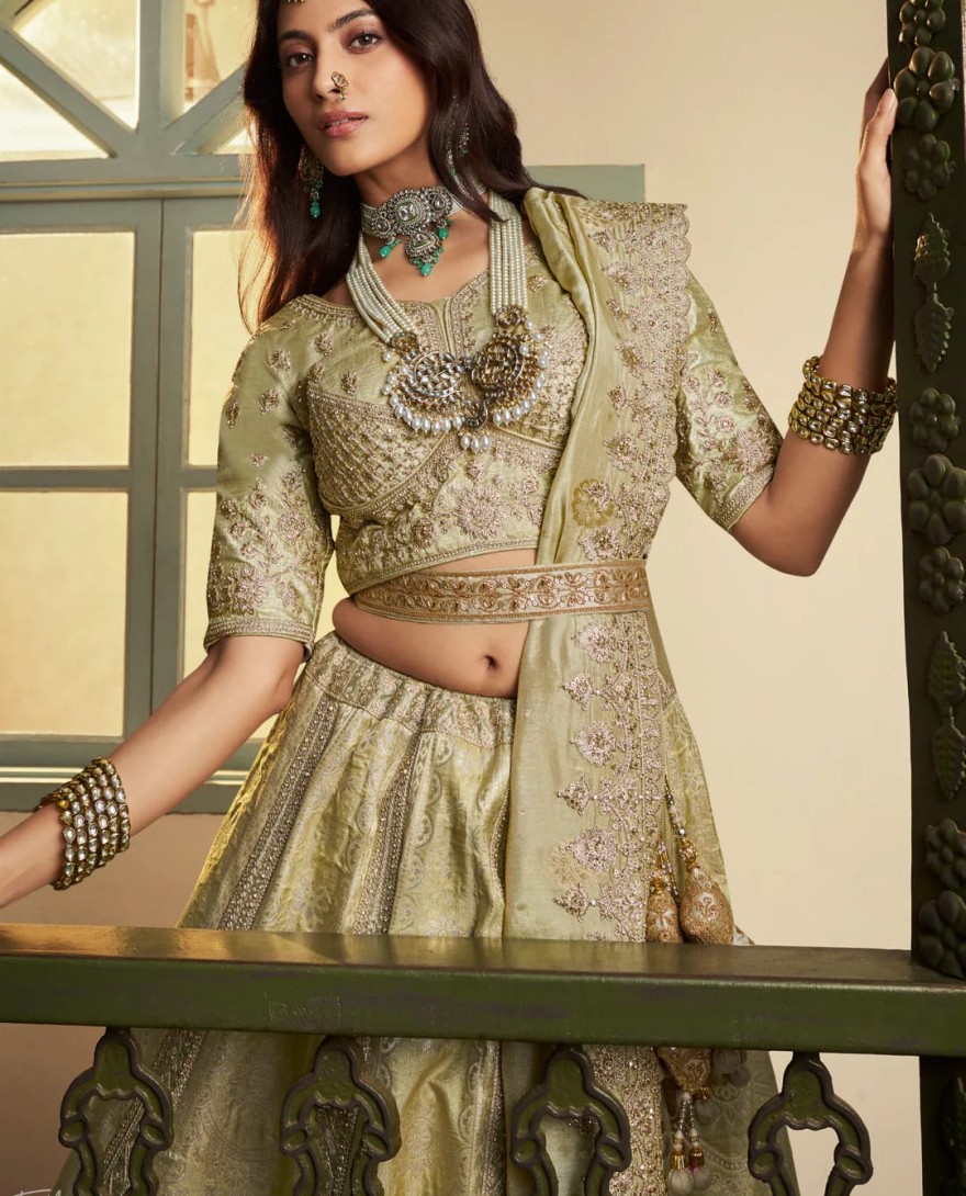 GREEN - Sage Green Zari Embroidered Banarasi Silk Lehenga