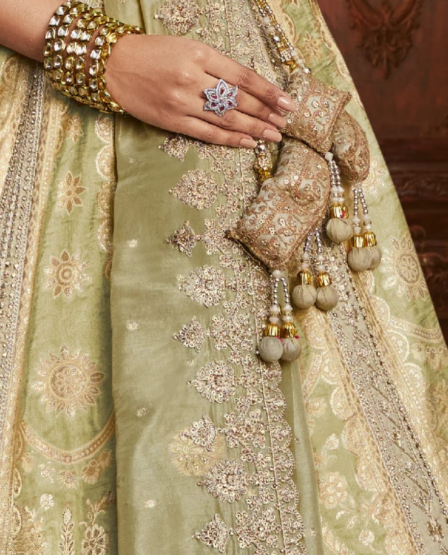 GREEN - Sage Green Zari Embroidered Banarasi Silk Lehenga
