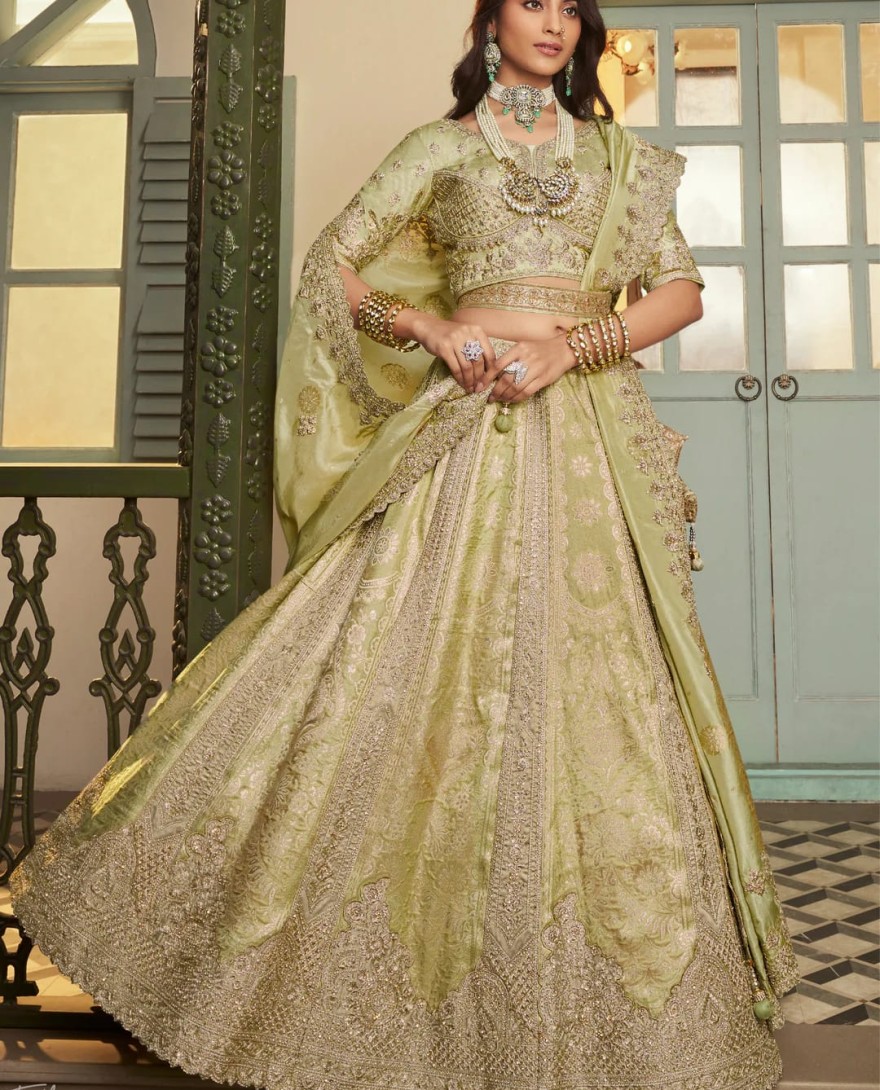 GREEN - Sage Green Zari Embroidered Banarasi Silk Lehenga