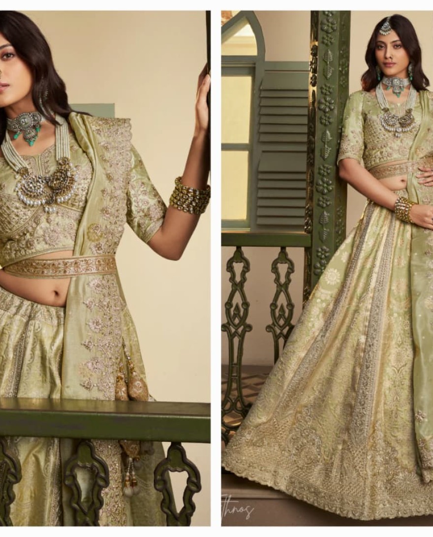 GREEN - Sage Green Zari Embroidered Banarasi Silk Lehenga