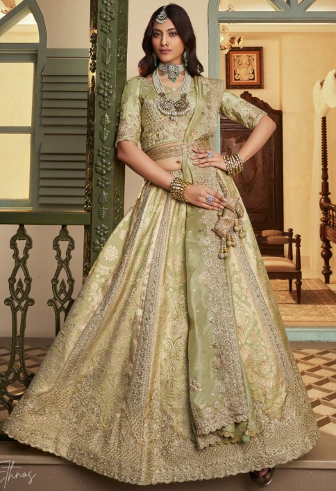 Sage Green Zari Embroidered Banarasi Silk Lehenga