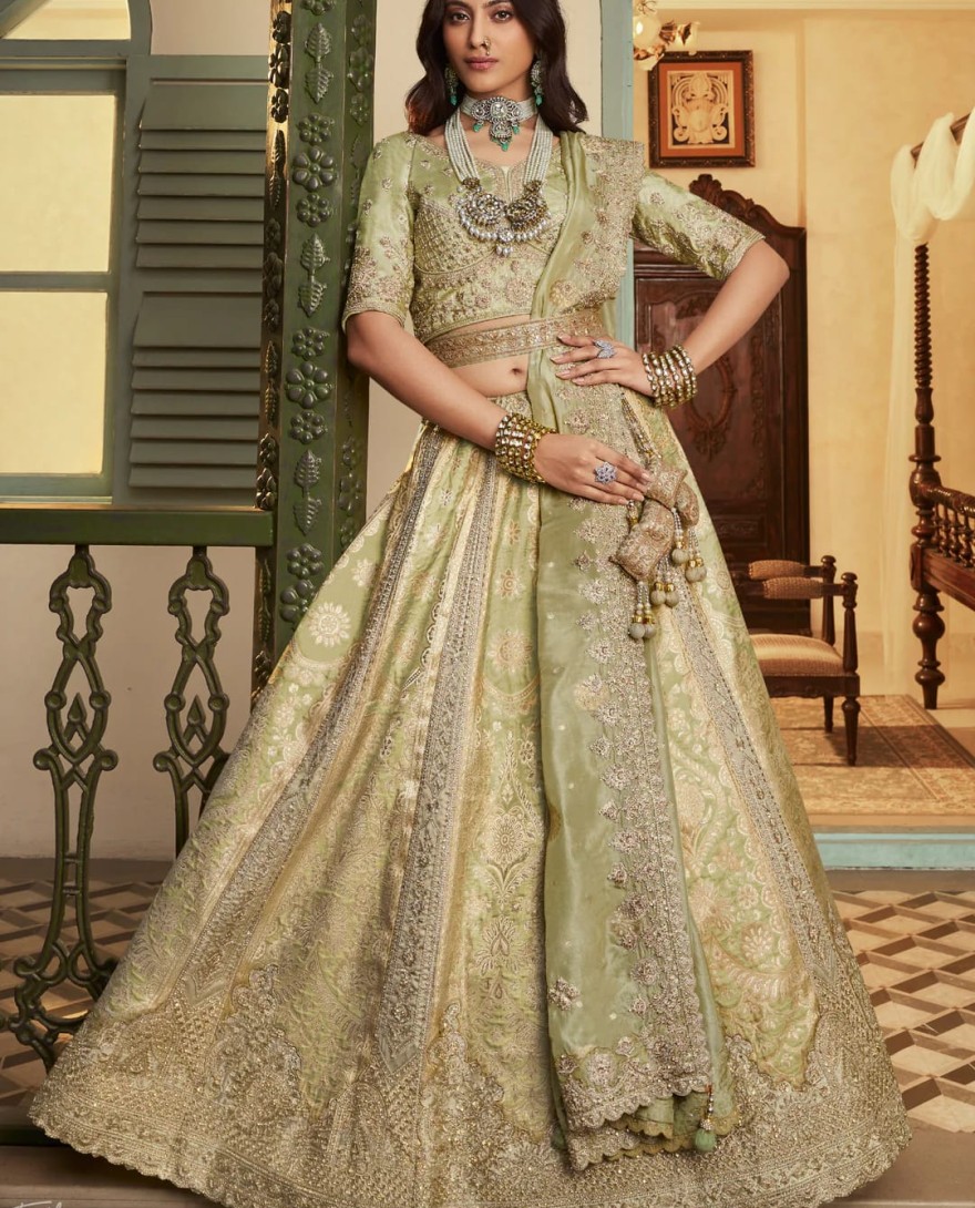GREEN - Sage Green Zari Embroidered Banarasi Silk Lehenga