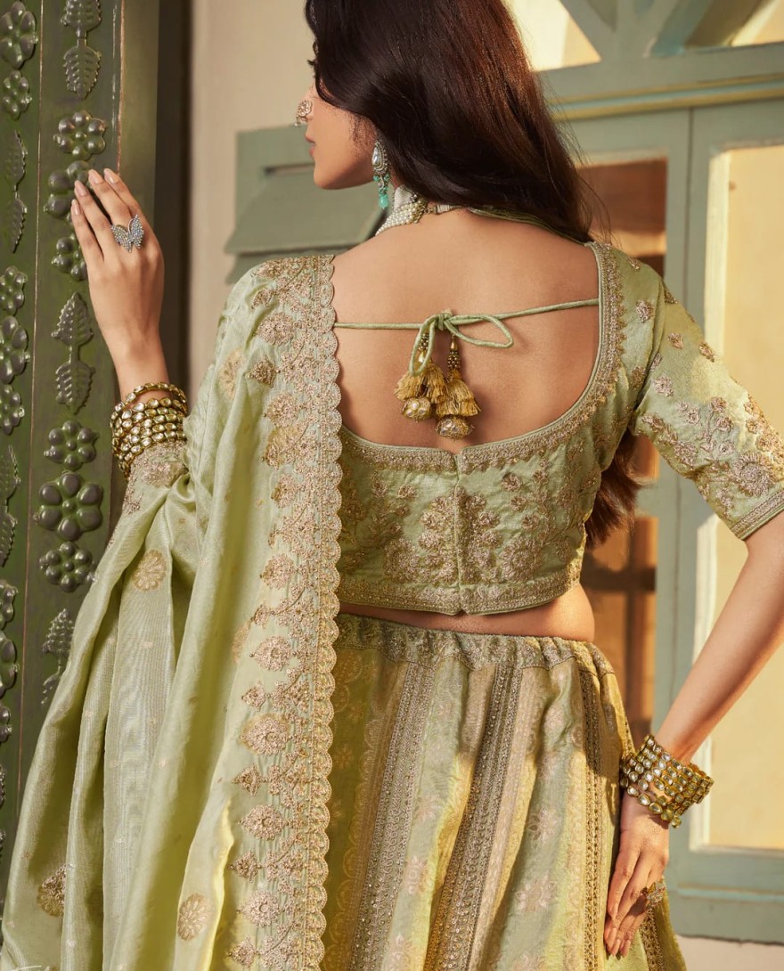 GREEN - Sage Green Zari Embroidered Banarasi Silk Lehenga