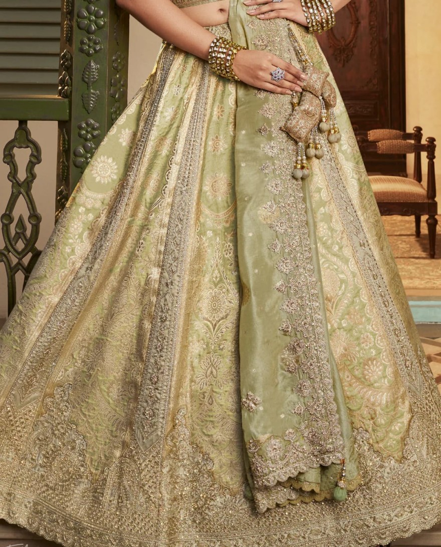 GREEN - Sage Green Zari Embroidered Banarasi Silk Lehenga