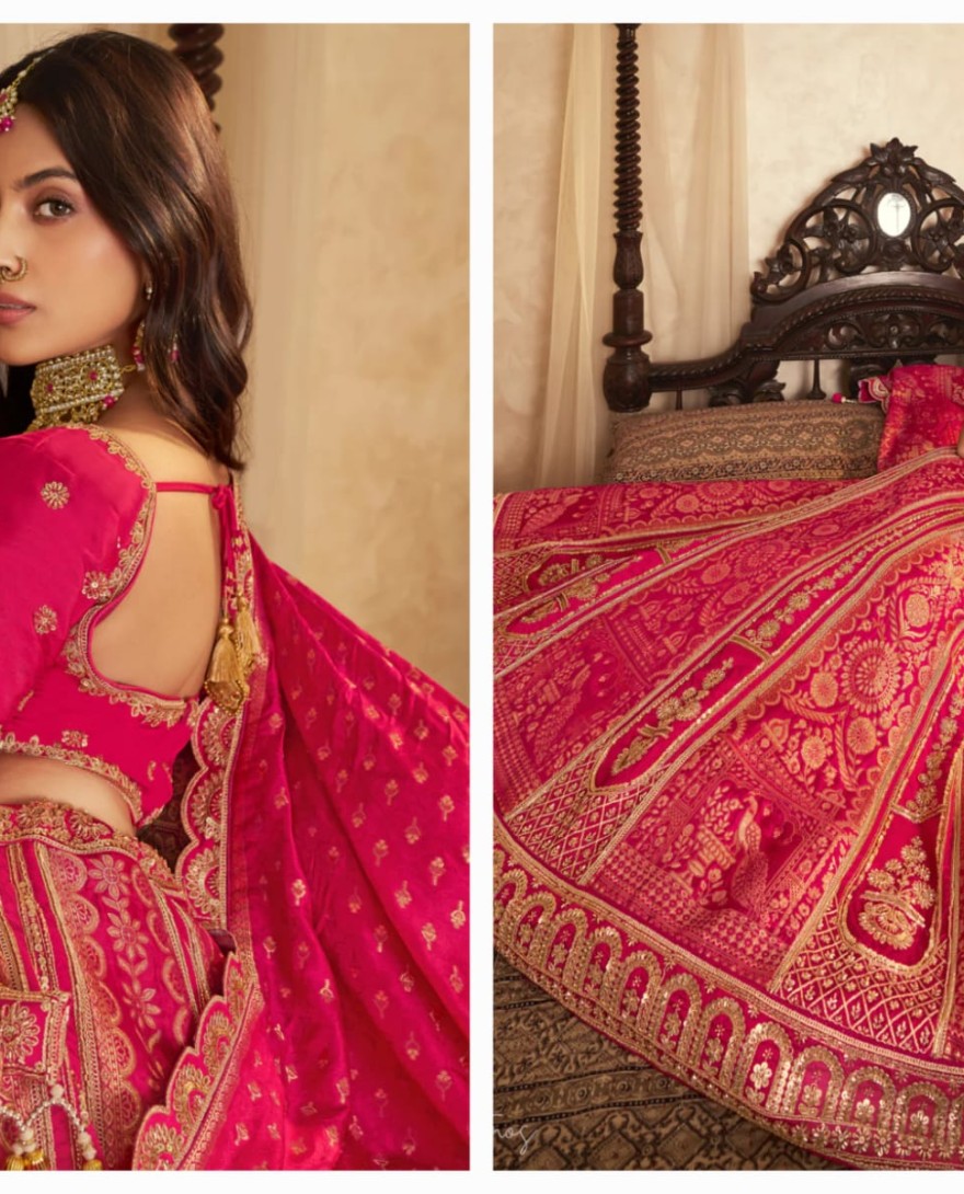 PINK - Hot Pink Zari Embroidered Banarasi Silk Lehenga