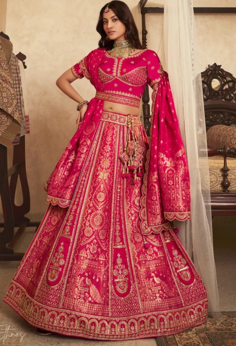 Hot Pink Zari Embroidered Banarasi Silk Lehenga
