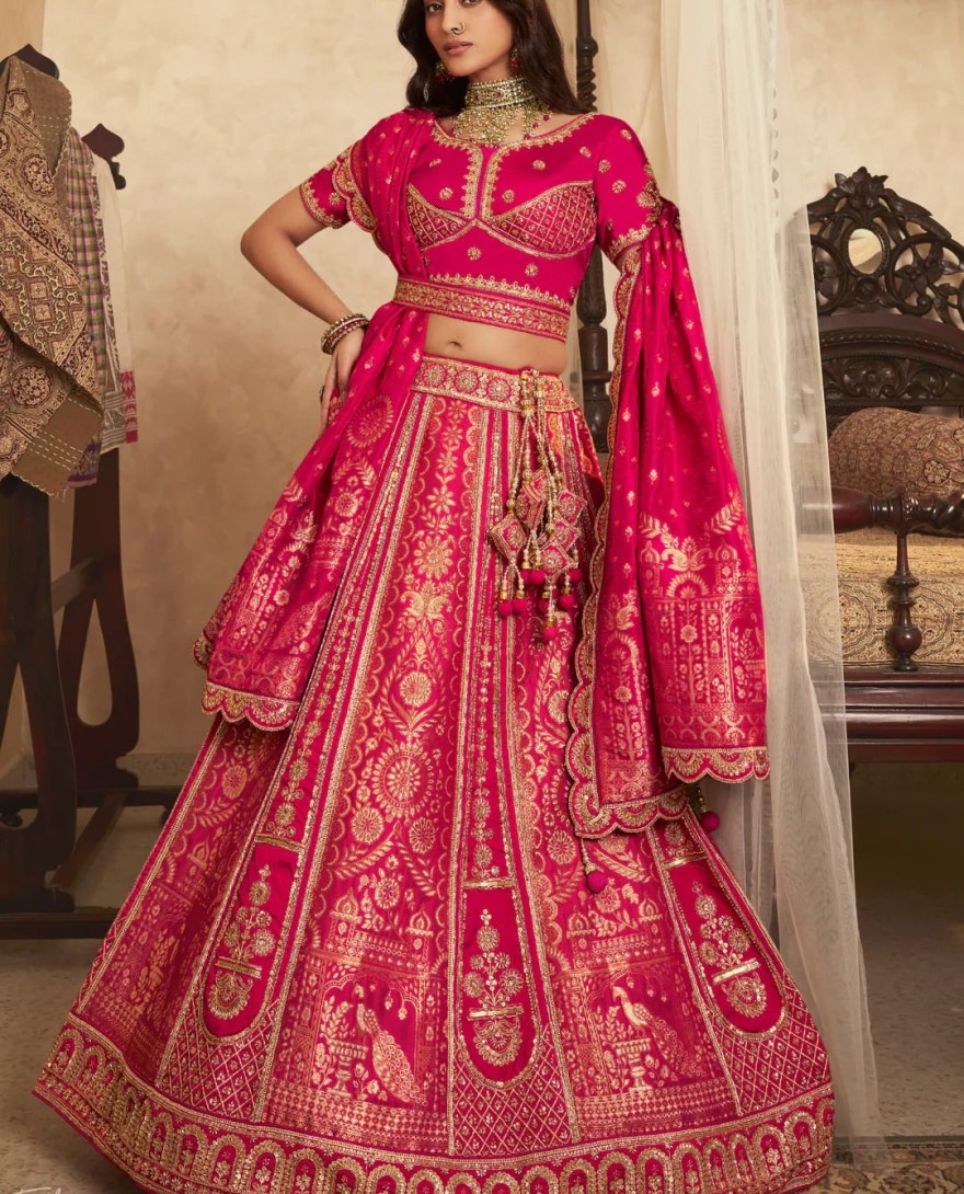PINK - Hot Pink Zari Embroidered Banarasi Silk Lehenga
