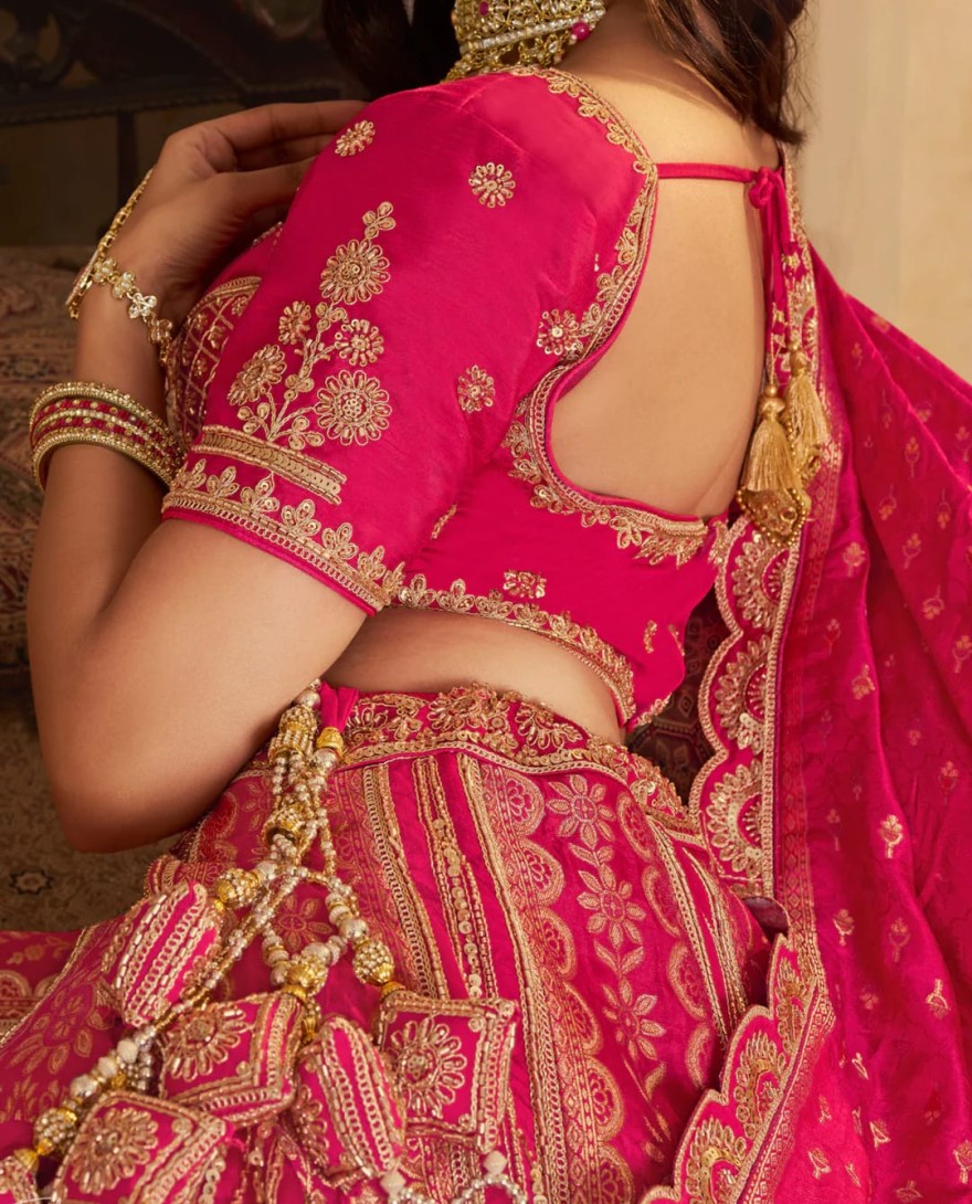 PINK - Hot Pink Zari Embroidered Banarasi Silk Lehenga