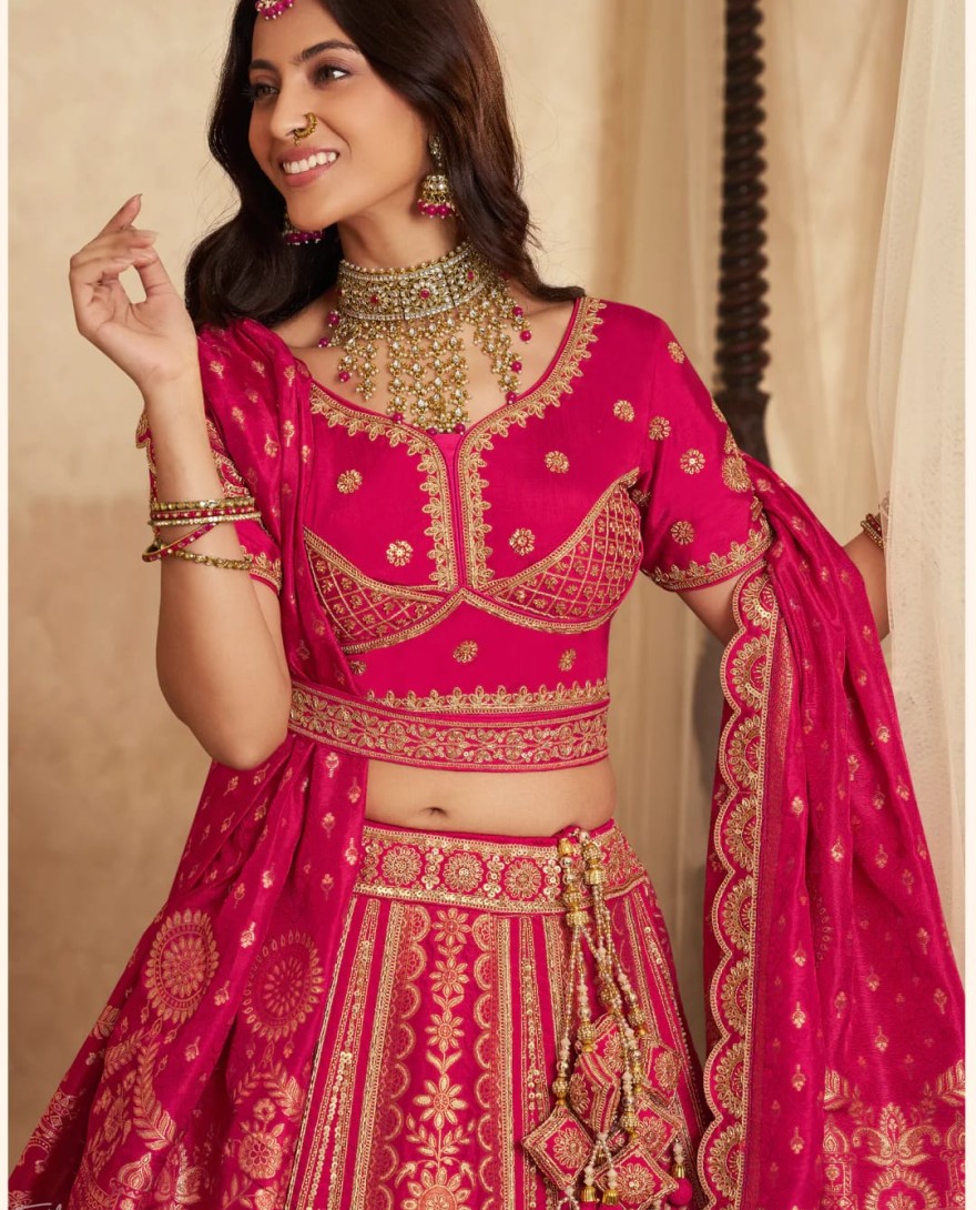 PINK - Hot Pink Zari Embroidered Banarasi Silk Lehenga
